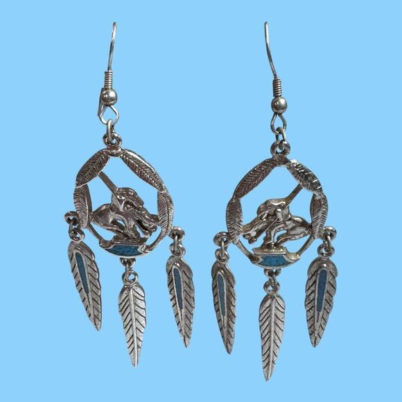 Signed Walldeck Jewelry Silver Tone Turquoise End Of The Trail Pierced Earrings - Picture 2 of 9